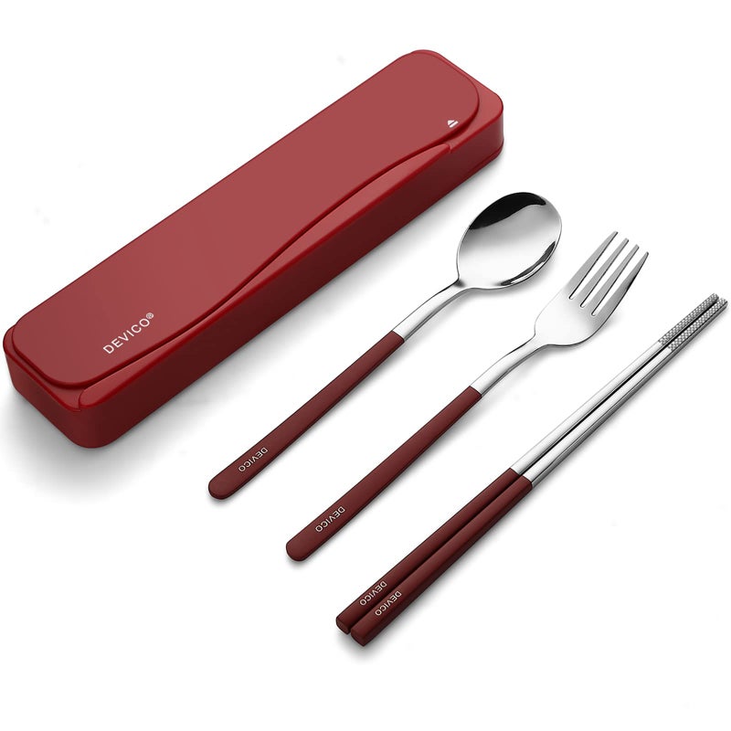 DEVICO Travel Utensils, 18/8 Stainless Steel 4pcs Cutlery Set Portable Camp Reusable Flatware Silverware, Include Fork Spoon Chopsticks with Case (Red) - Image 1